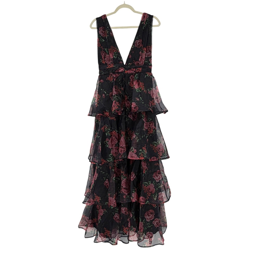 Lulus Black Floral Tiered Ruffle‎ Maxi Dress Sleeveless V-Neck Small NWT